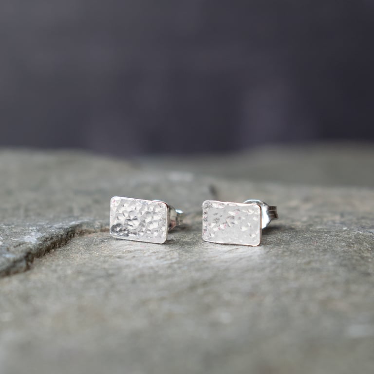 Rectangle Textured Silver Stud Earrings
