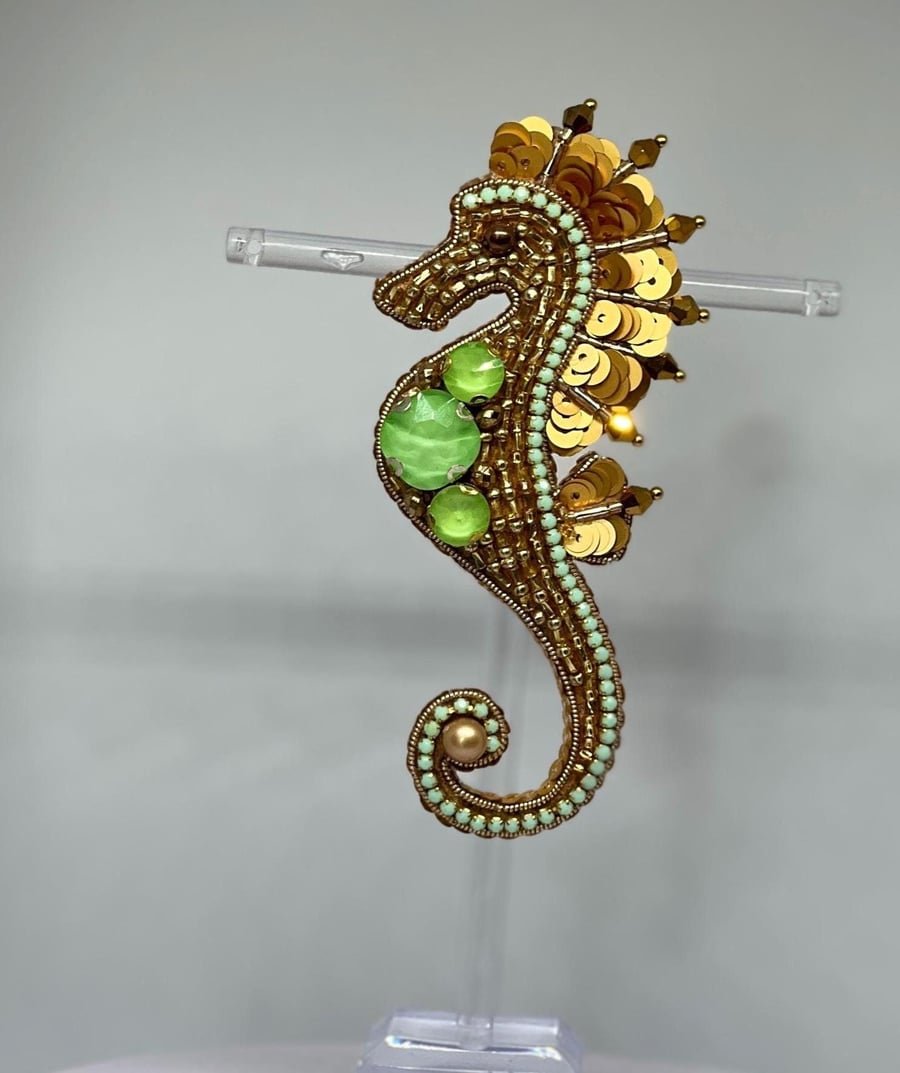 Handmade Gold Seahorse Brooch with Green Gems, Beaded Sea Life Jewelry, Ocean An