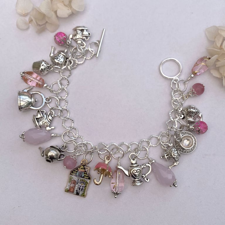 Silver Teacup and Teapot Charm Bracelet