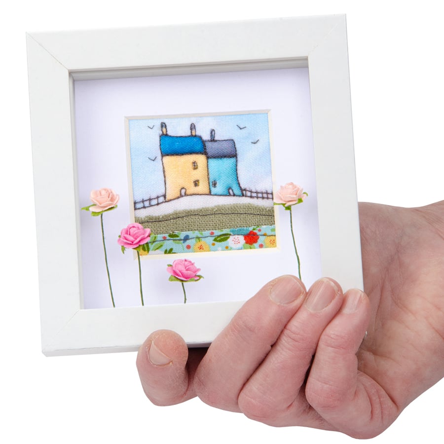Little fabric houses picture with paper roses, framed wall art