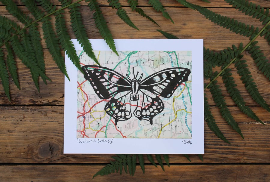 Swallowtail Butterfly small Lino print on upcycled maps