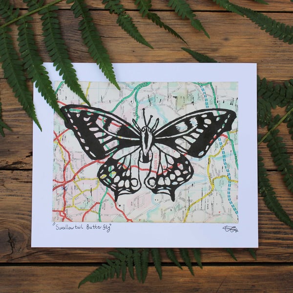 Swallowtail Butterfly small Lino print on upcycled maps