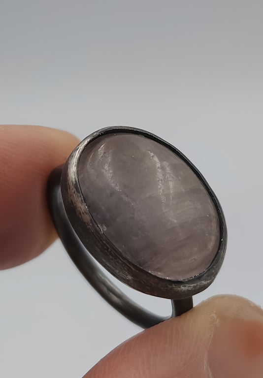 Handmade Silver Ring with Oval Kunzite Cabochon : Size M (half)