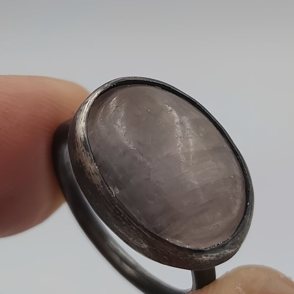 Handmade Silver Ring with Oval Kunzite Cabochon : Size M (half)