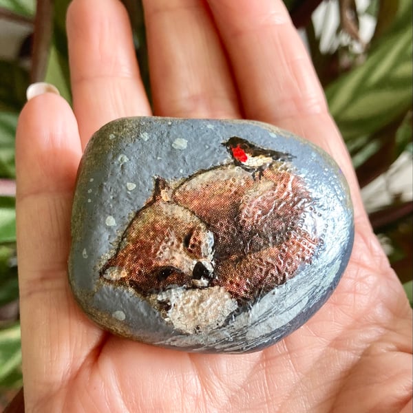 Sleepy Little Fox & Robin Friend Rock Art Hand Painted Stone Paperweight