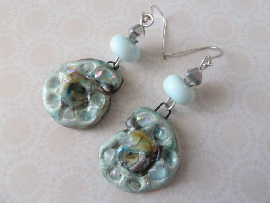 silver ammonite ceramic and lampwork earrings