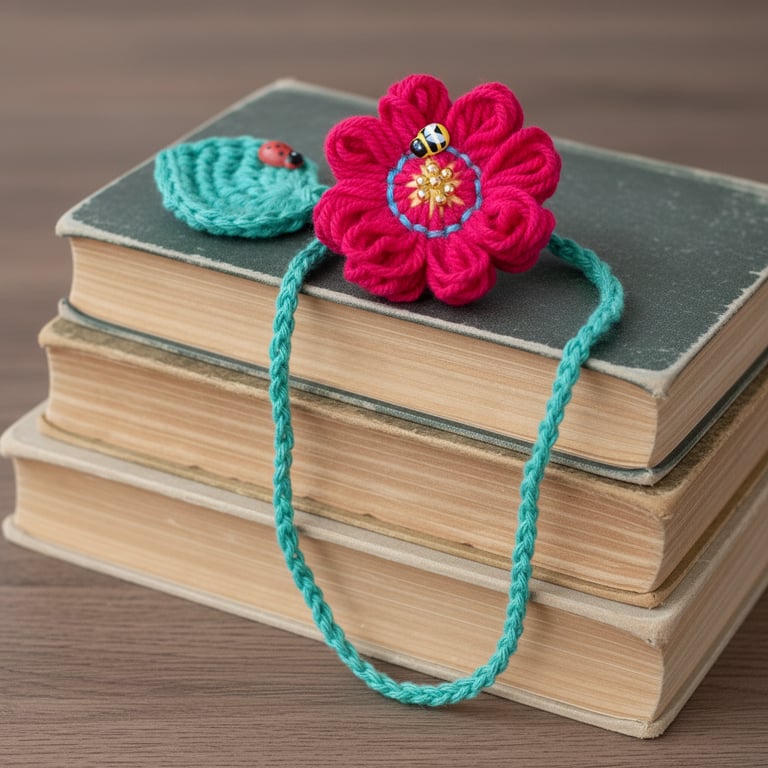 Handmade Neon Pink Peony Loom Crochet, Flower Bookmark with Leaf, Ladybird & Bee