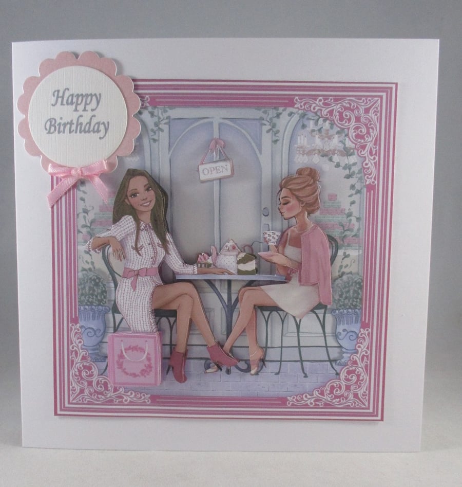 Girls in coffee shop birthday card, afternoon tea,3D, Decoupage,Personalise