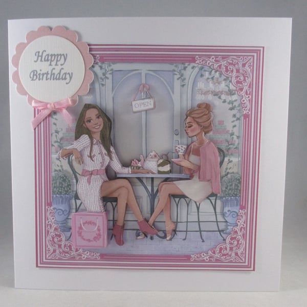 Girls in coffee shop birthday card, afternoon tea,3D, Decoupage,Personalise