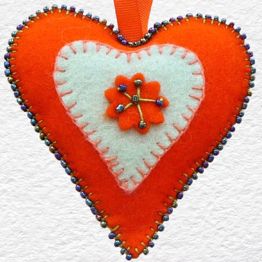 Beaded Felt Heart Ornament 4” (10cm) Orange and Green