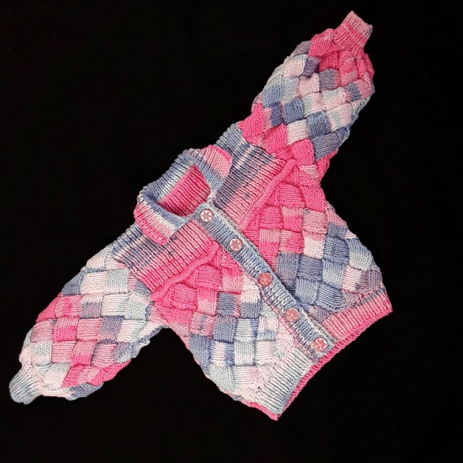Hand knitted baby cardigan in sparkly pink and blue entrelac 3 - 6 months