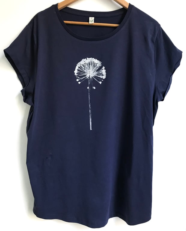 Allium Womens organic cotton navy blue T shirt silver print