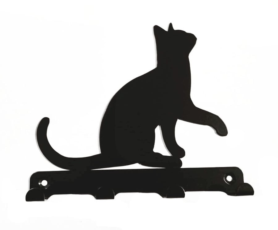 Cat Lifting its Paw Silhouette Key Hook Rack - metal wall art