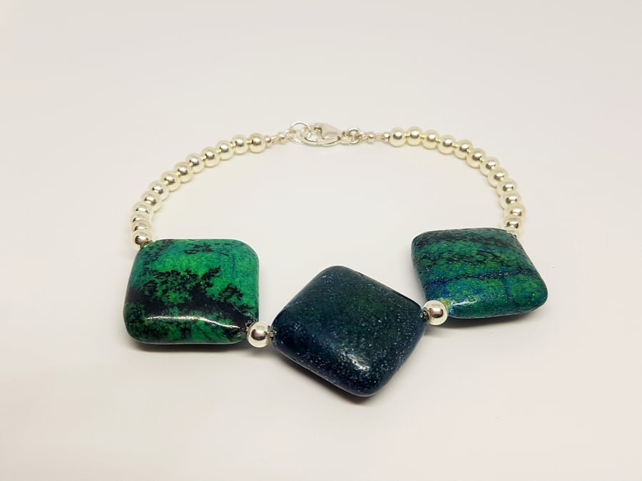 Chrysocolla Teal Green Square Gemstone Sterling Silver Bracelet