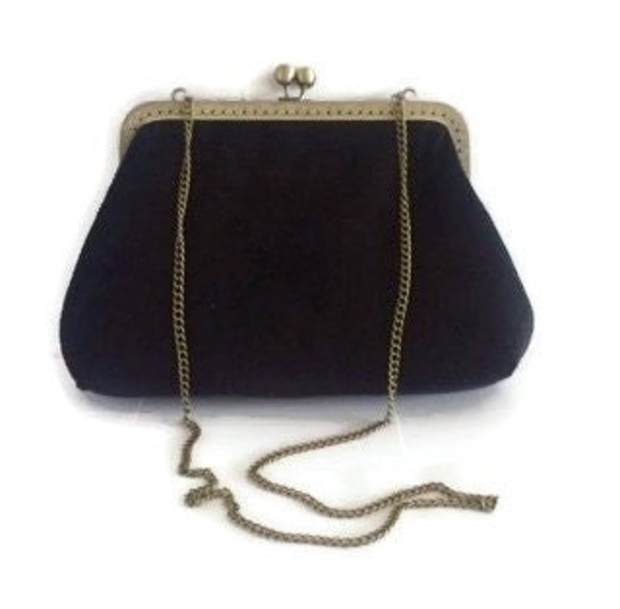 Black velvet clutch bag vintage style with cott... - Folksy