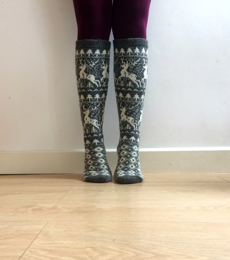 READY TO SHIP Knitted Above the Knee Grey Wool Socks Reindeer Christmas Winter 