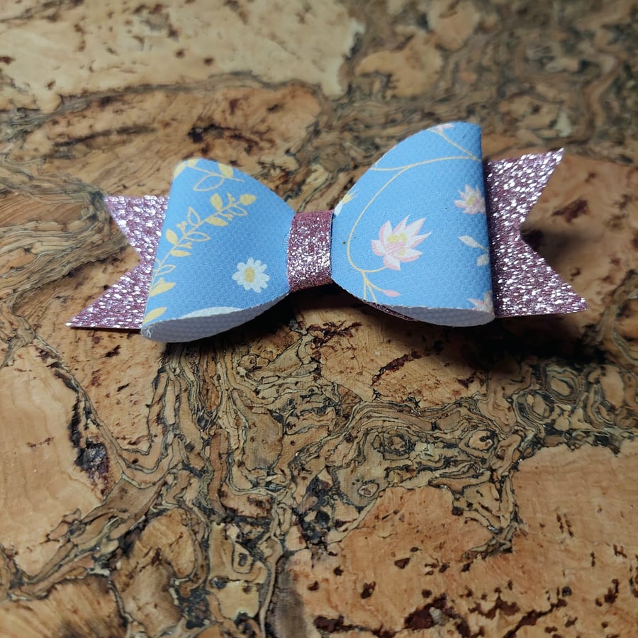 blue and purple floral hair bow 