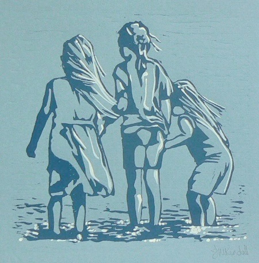 Wave Jumping, linocut