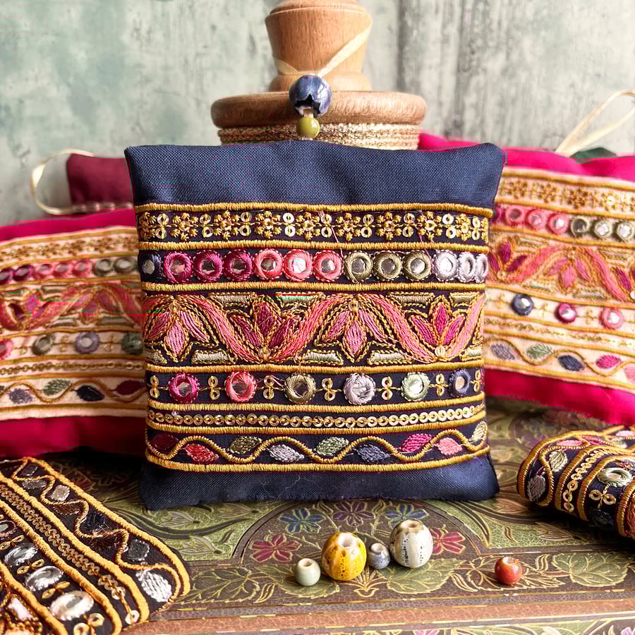 Lavender bag with pretty Indian embroidered trim, handmade lavender bag