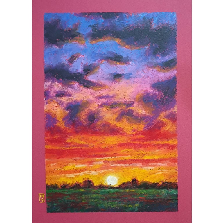 Sunset Sky artwork - Original oil pastel painting, landscape art