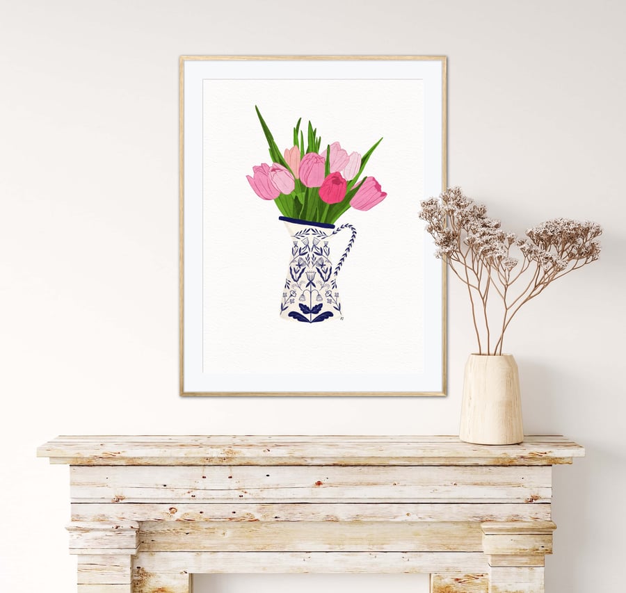 Pink Tulips in a Porcelain Jug Still Life Illustration A4 Art Print