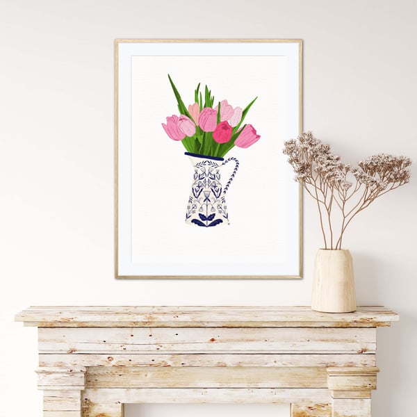 Pink Tulips in a Porcelain Jug Still Life Illustration A4 Art Print
