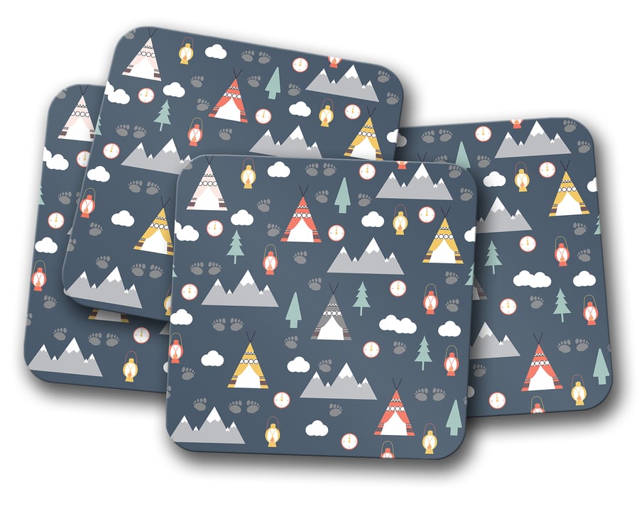 Set of 4 Blue Camping Theme Design Coasters