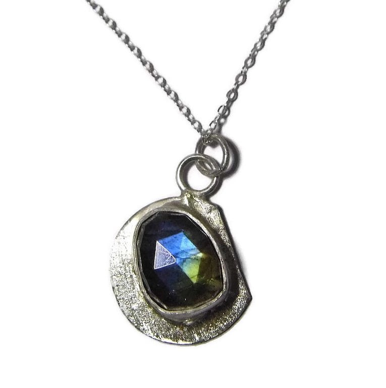 Sterling silver disc pendant with rose cut labradorite, Unique Artisan pendant