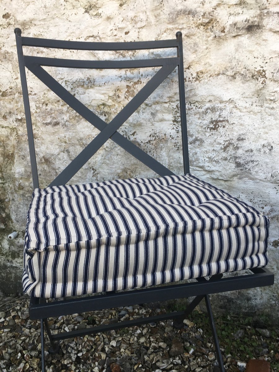 French Mattress, Tufted Cushion, in Navy and Cream Ticking 