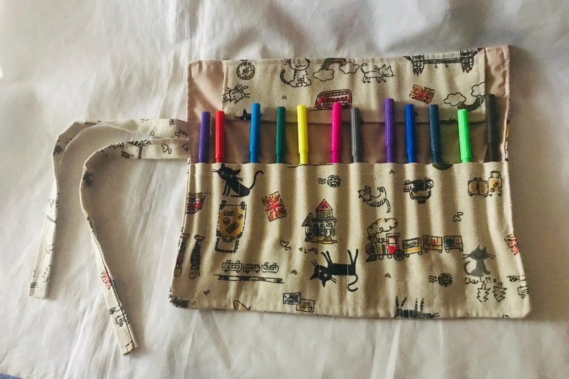 Cat roll up pencil case, linen fabric, Back to School