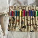 Cat roll up pencil case, linen fabric, Back to School