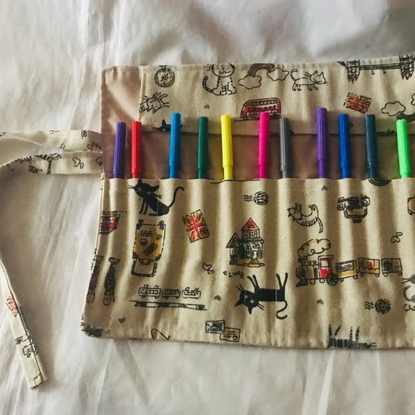 Cat roll up pencil case, linen fabric, Back to School