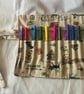 Cat roll up pencil case, linen fabric, Back to School