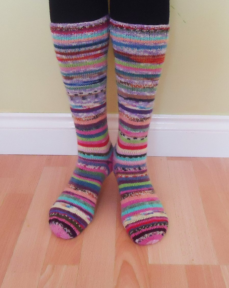 Women Socks, Hand Knit Long Socks, Crazy Srappy Women Socks, Multicolored Socks