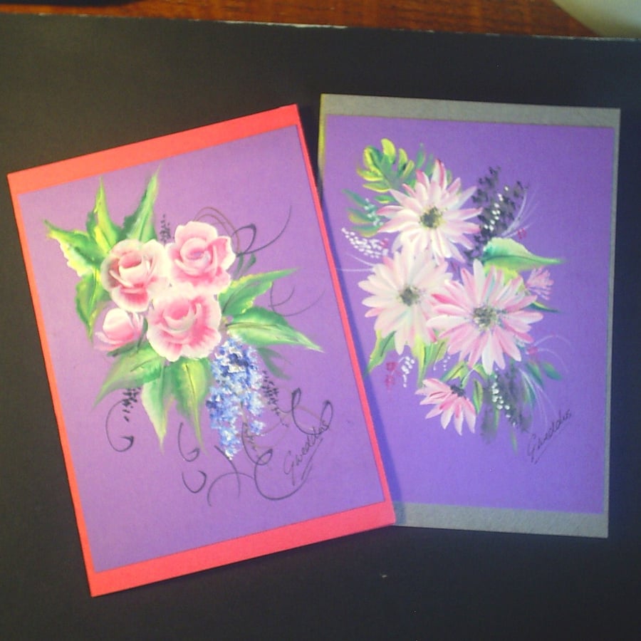 TWO hand painted greetings cards