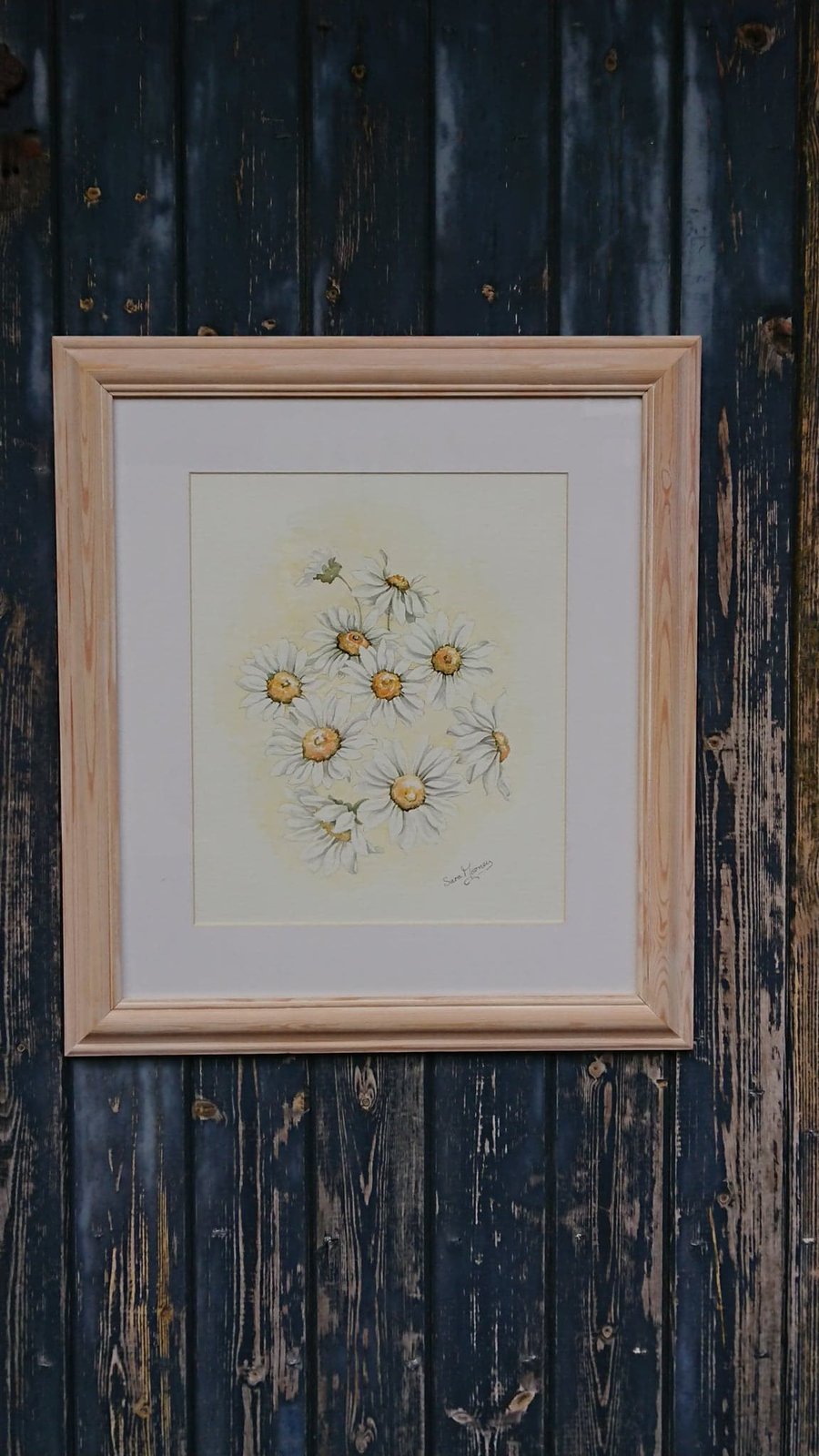 White daisy watercolour painting on delicate cream background.