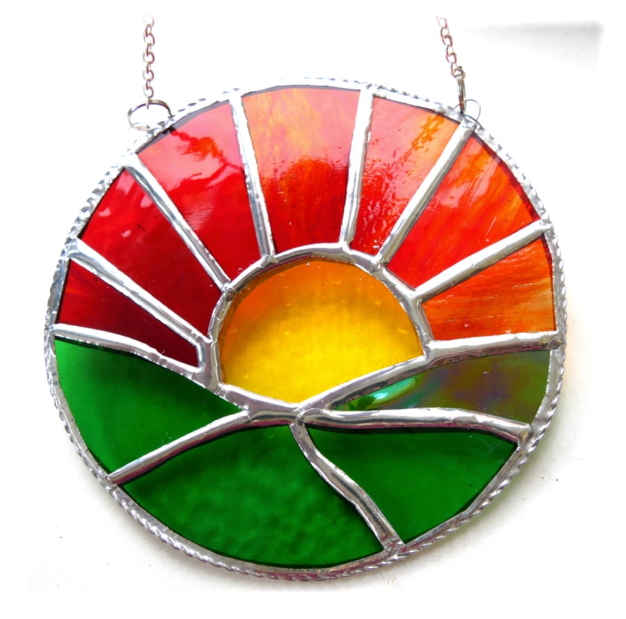 Sunrise Ring Stained Glass Suncatcher Handmade Green Fields 005