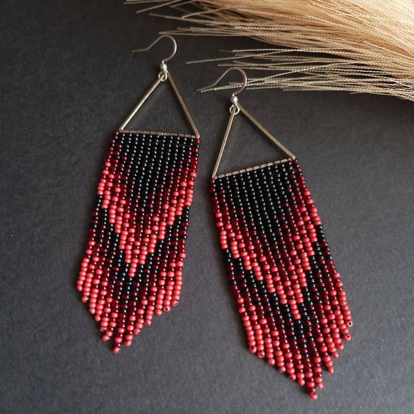 Boho Chic Red Black Fringe Earrings, Artisan Statement Jewelry, Unique Dangle E