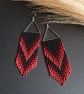 Boho Chic Red Black Fringe Earrings, Artisan Statement Jewelry, Unique Dangle E