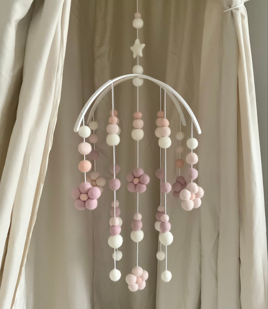 Pink daisy nursery mobile, girls pink felt ball cot mobile 