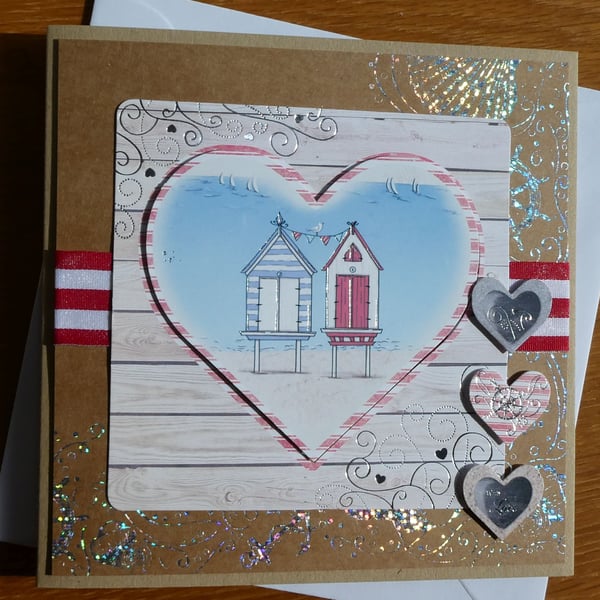 Beach Huts Heart Card - Silver Detail - Anniversary, Birthday, Retirement