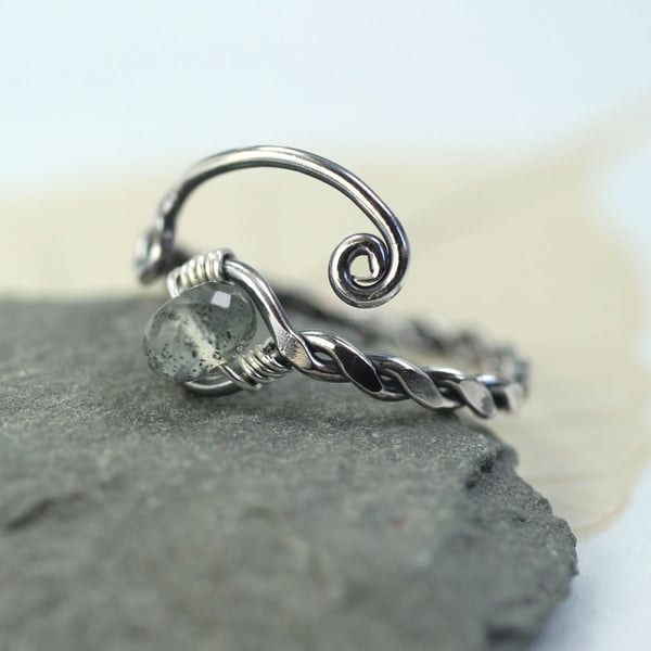 Silver Twist Ring with Moss Aquamarine Gemstone March Birthstone Adjustable