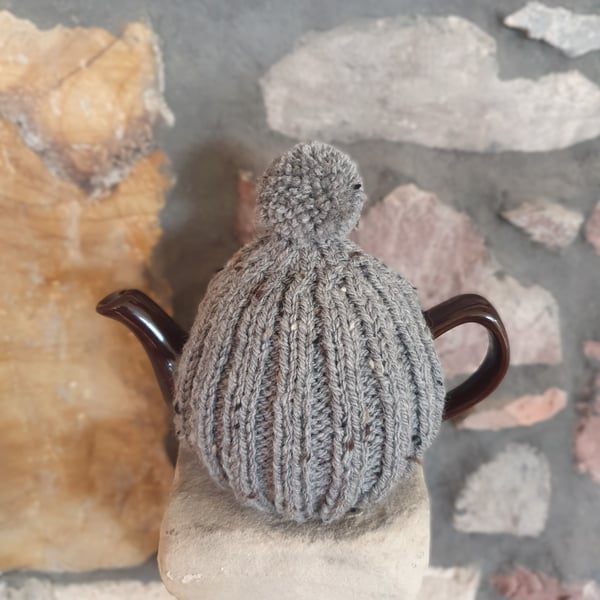 Small Tea Cosy for 2 Cup Tea Pot, Grey Tweed, Hand Knitted, Wool Mix Yarn