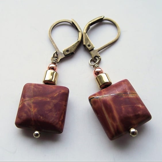 Red jasper and haematite earrings square bronze gold