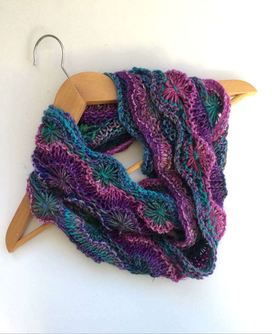 Pretty flowery infinity scarf hand knit in wool , silk , mohair mix
