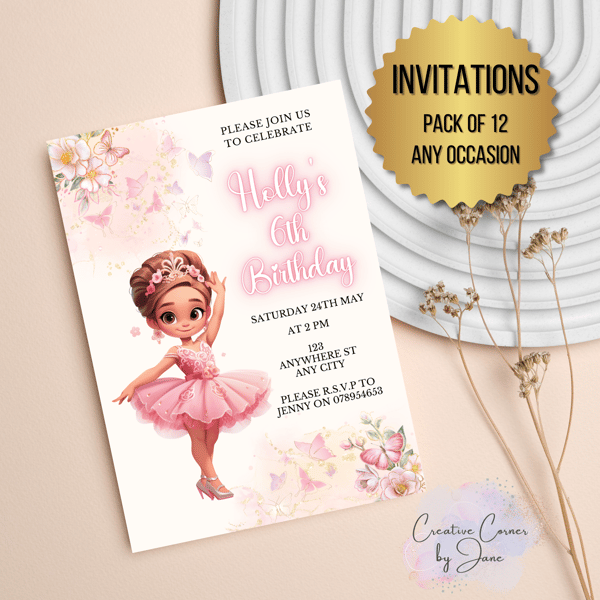 Pack of 12 personalised princess girls party invitation birthday invite