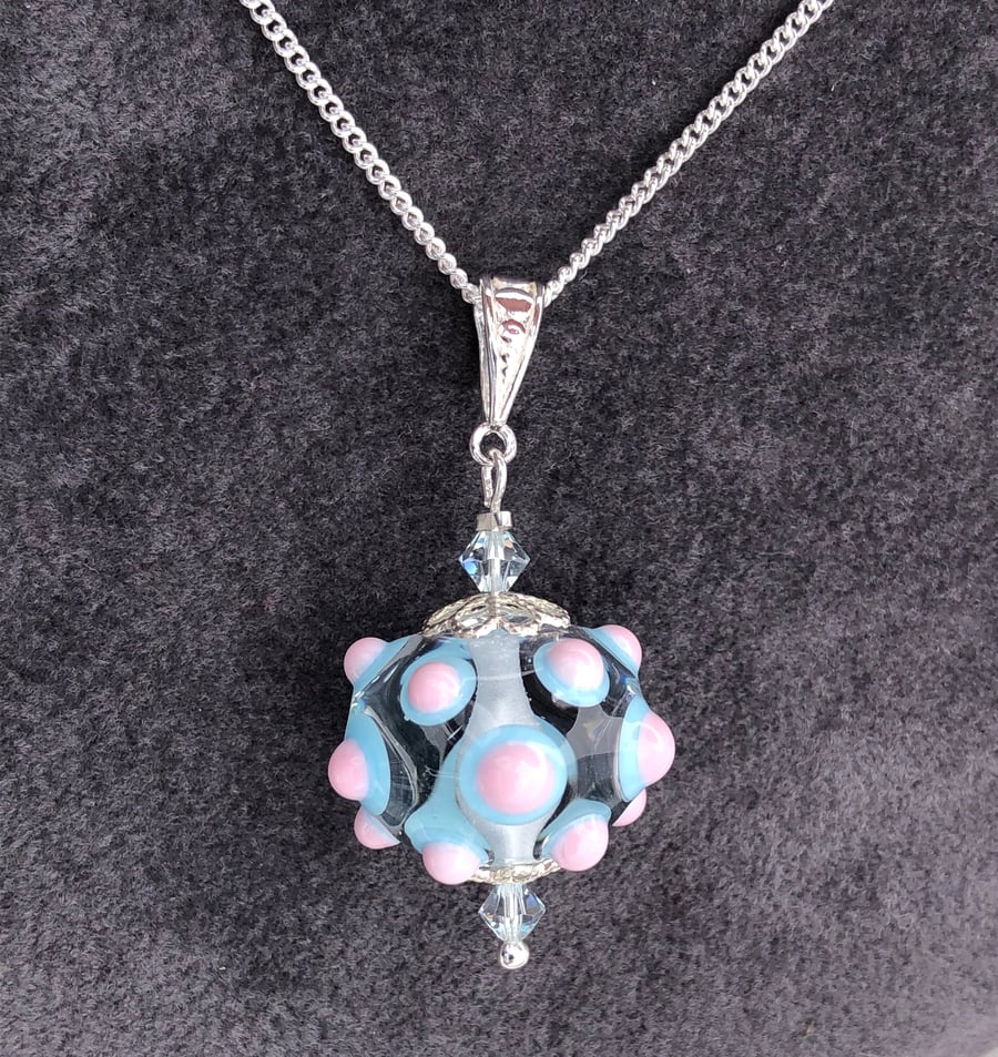 blue and pink bumpy lampwork glass pendant and earring set
