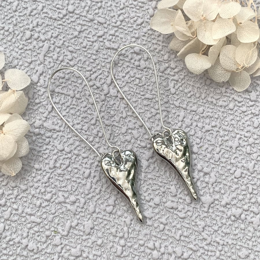 Silver Heart Charm Drop Earrings