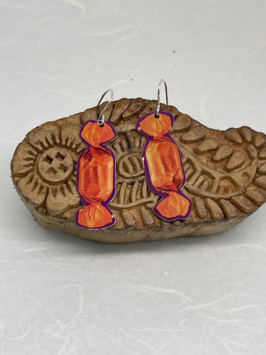 Orange Cream, Recycled Quality Street Tin Earrings with Silver