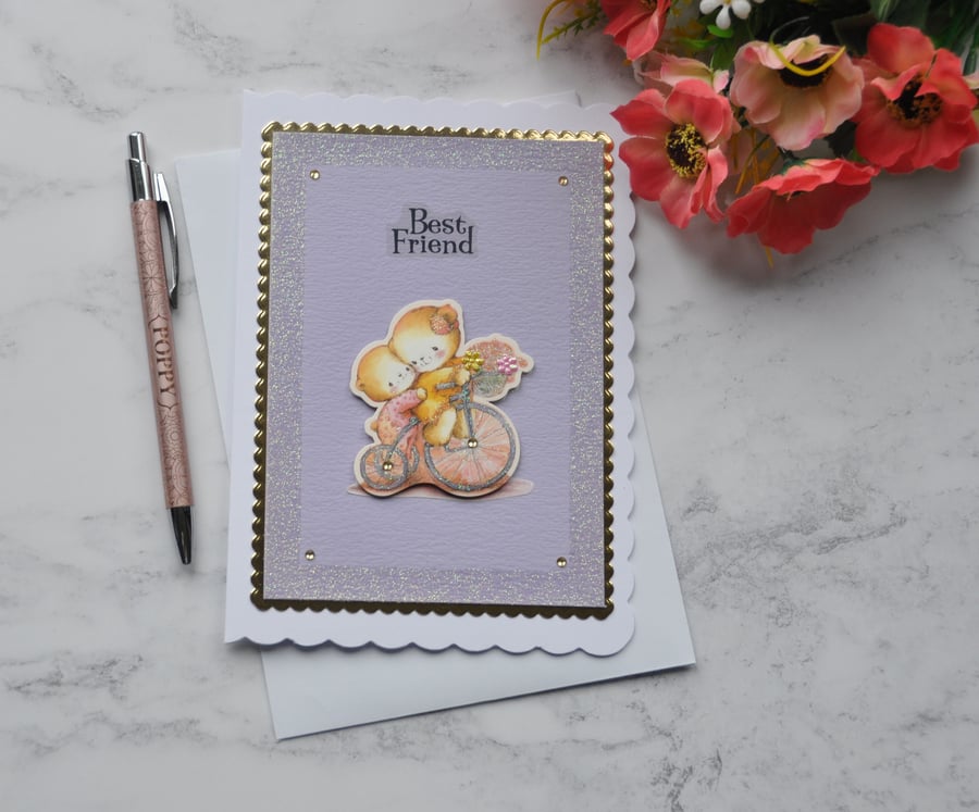 Best Friend Teddy Bears Bicycle Flowers Any Occasion 3D Luxury Handmade Card